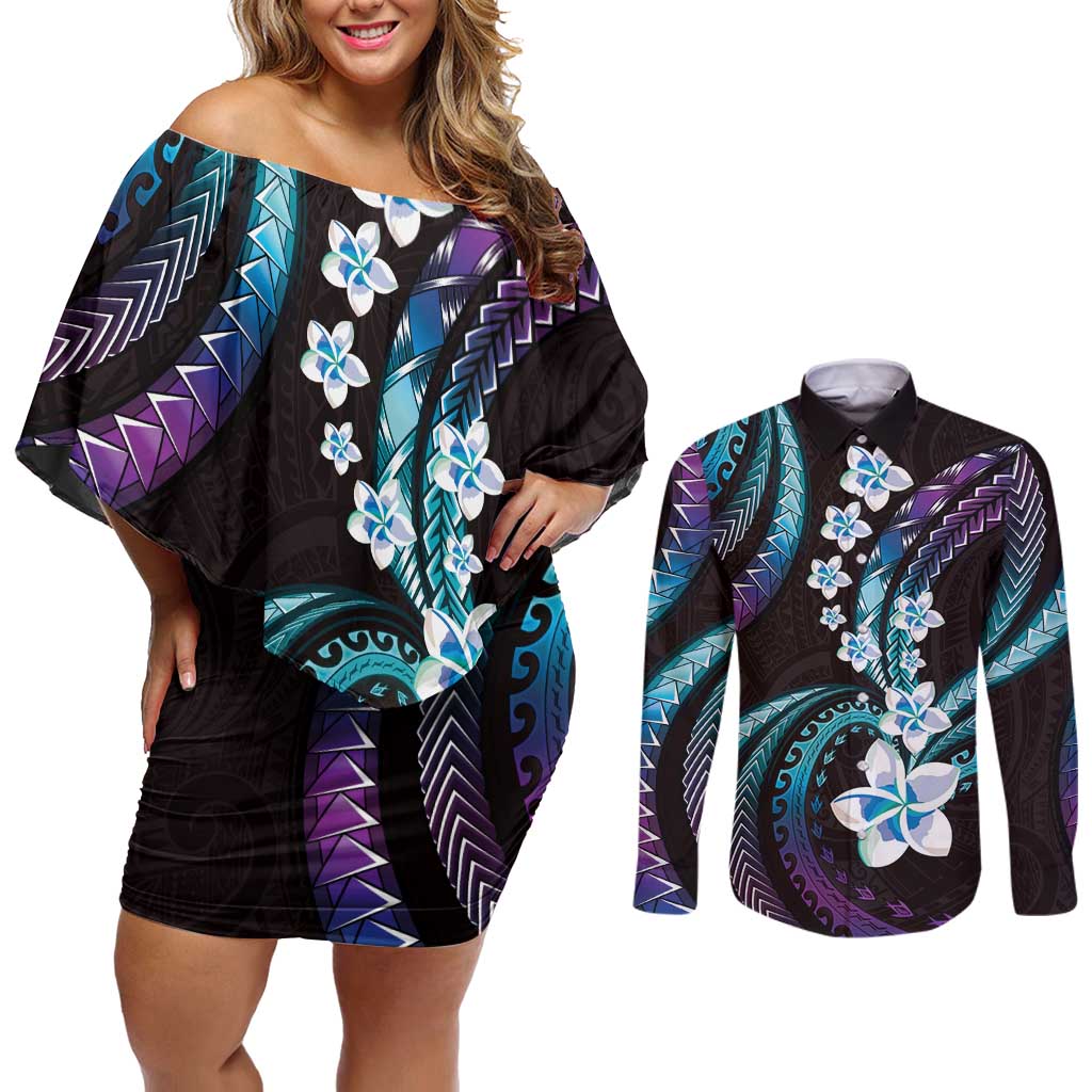 Hawaii Plumeria Couples Matching Off Shoulder Short Dress and Long Sleeve Button Shirt Amethyst Gradient Polynesian Pattern