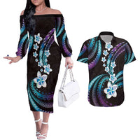 Hawaii Plumeria Couples Matching Off The Shoulder Long Sleeve Dress and Hawaiian Shirt Amethyst Gradient Polynesian Pattern