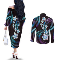 Hawaii Plumeria Couples Matching Off The Shoulder Long Sleeve Dress and Long Sleeve Button Shirt Amethyst Gradient Polynesian Pattern