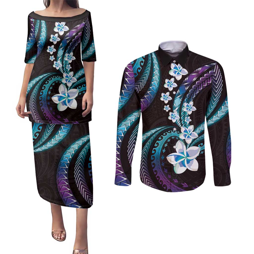 Hawaii Plumeria Couples Matching Puletasi and Long Sleeve Button Shirt Amethyst Gradient Polynesian Pattern LT01 Purple - Polynesian Pride