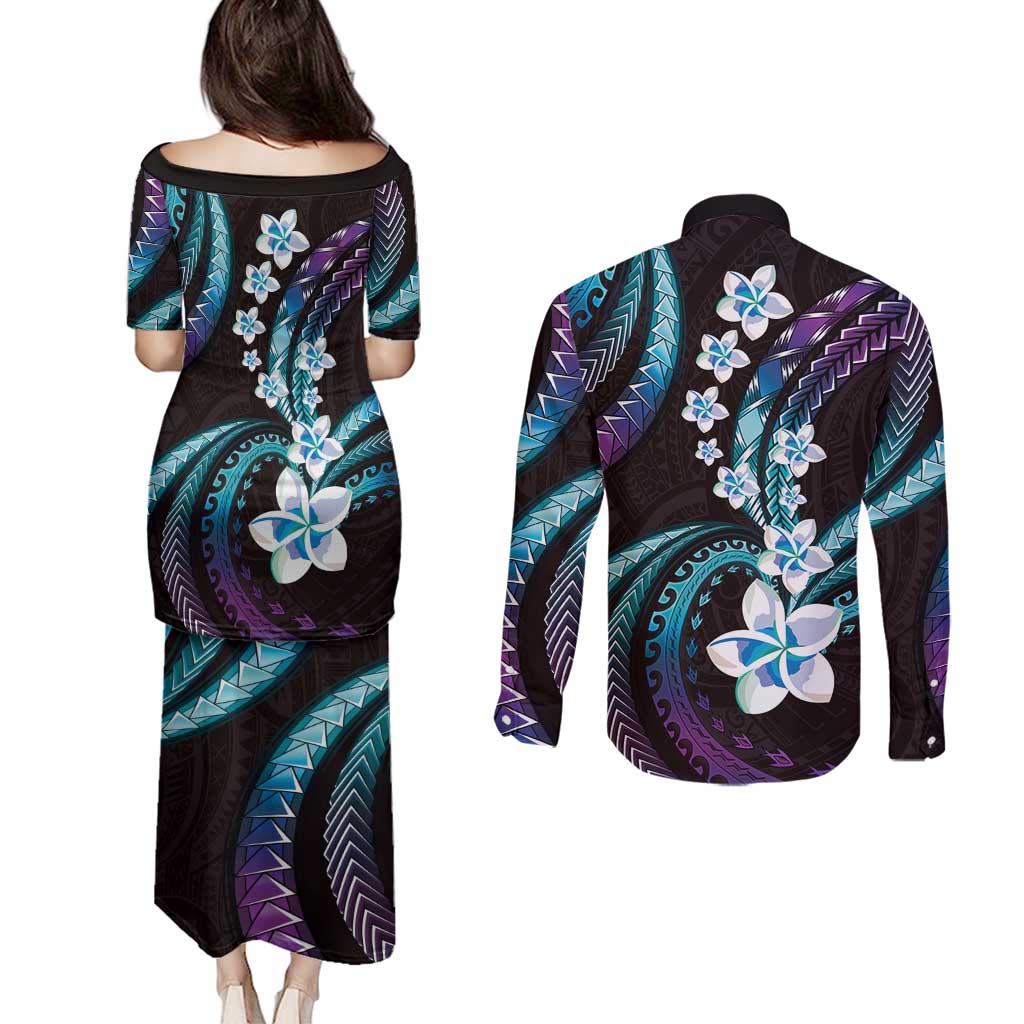 Hawaii Plumeria Couples Matching Puletasi and Long Sleeve Button Shirt Amethyst Gradient Polynesian Pattern