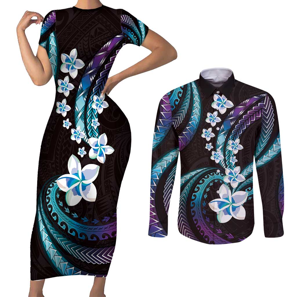 Hawaii Plumeria Couples Matching Short Sleeve Bodycon Dress and Long Sleeve Button Shirt Amethyst Gradient Polynesian Pattern