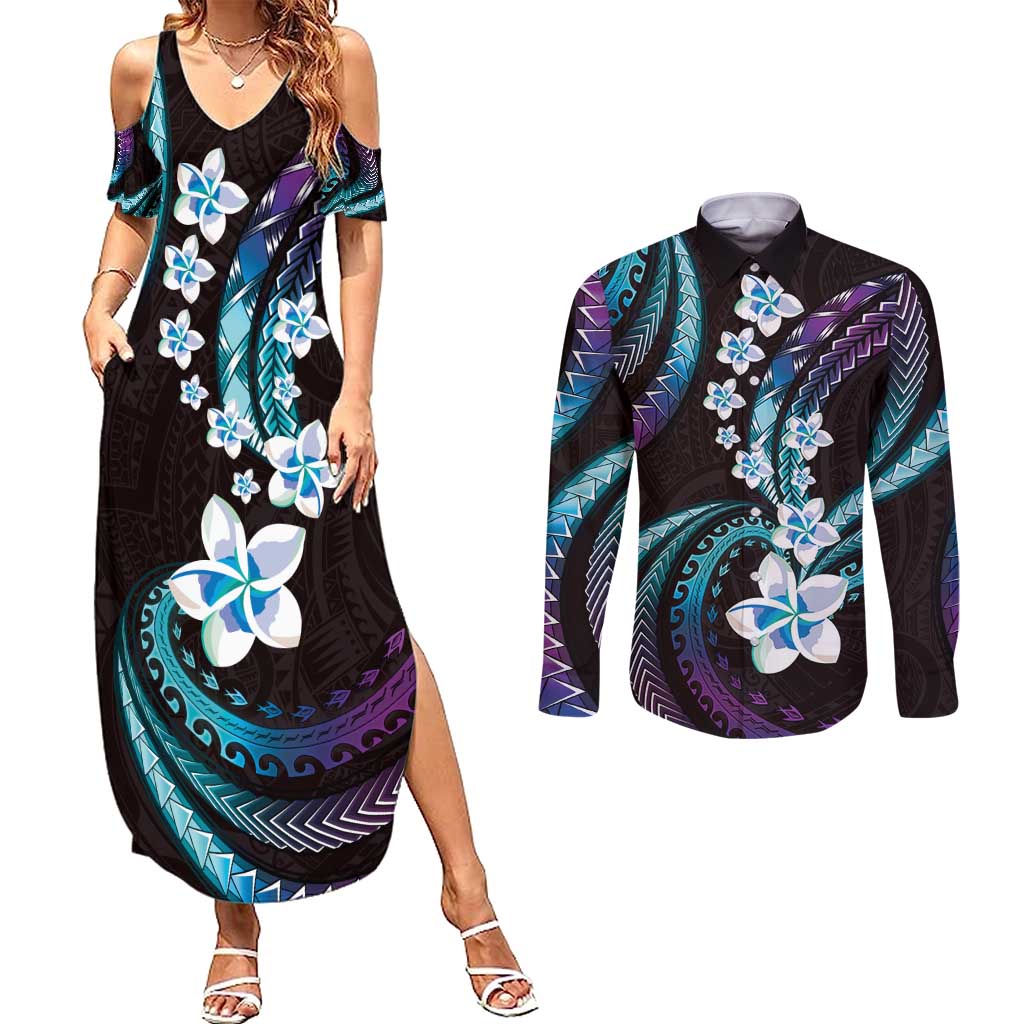 Hawaii Plumeria Couples Matching Summer Maxi Dress and Long Sleeve Button Shirt Amethyst Gradient Polynesian Pattern