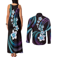 Hawaii Plumeria Couples Matching Tank Maxi Dress and Long Sleeve Button Shirt Amethyst Gradient Polynesian Pattern