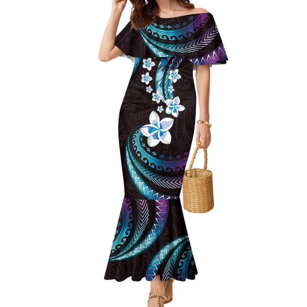 Hawaii Plumeria Family Matching Mermaid Dress and Hawaiian Shirt Amethyst Gradient Polynesian Pattern