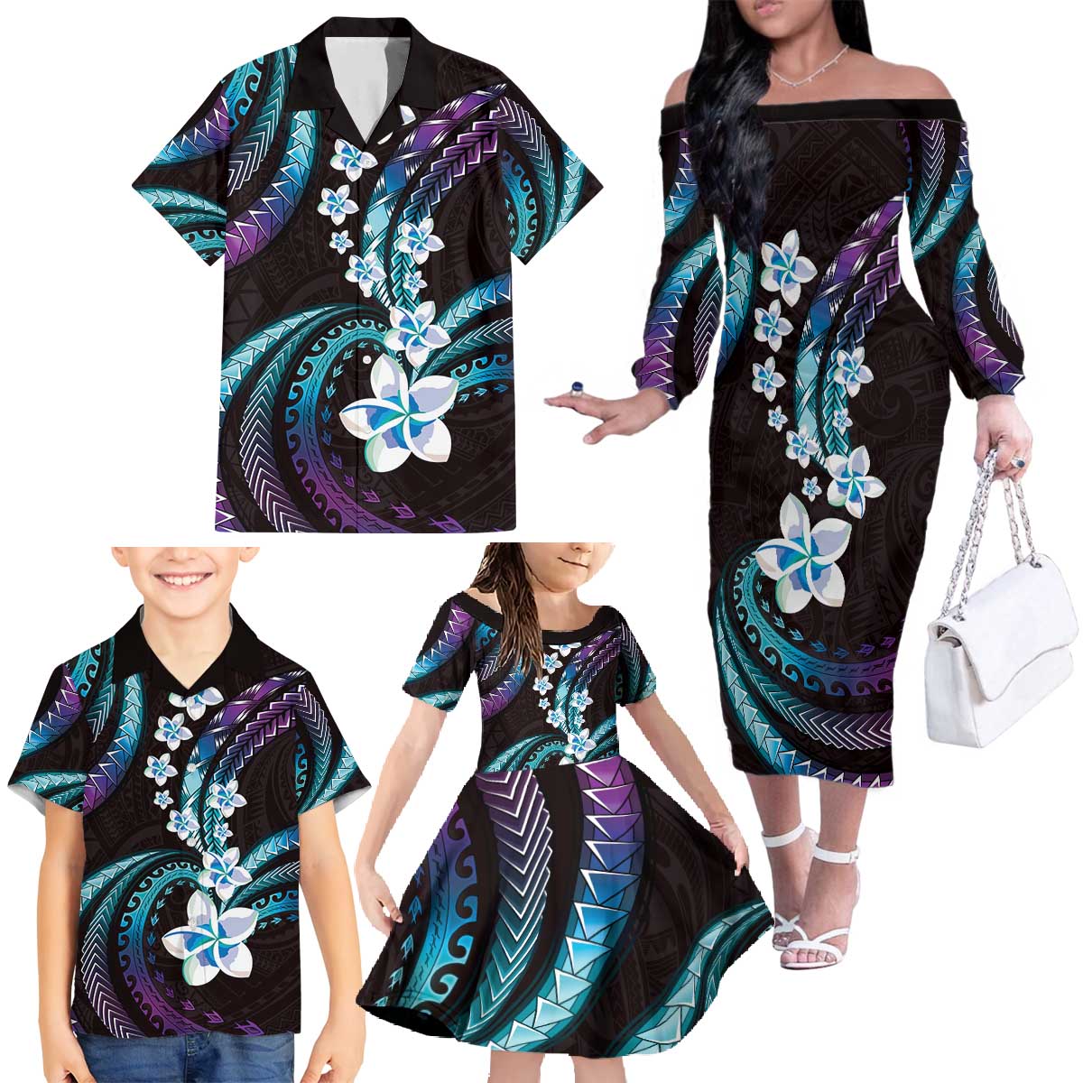 Hawaii Plumeria Family Matching Off The Shoulder Long Sleeve Dress and Hawaiian Shirt Amethyst Gradient Polynesian Pattern