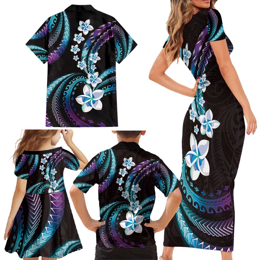 Hawaii Plumeria Family Matching Short Sleeve Bodycon Dress and Hawaiian Shirt Amethyst Gradient Polynesian Pattern