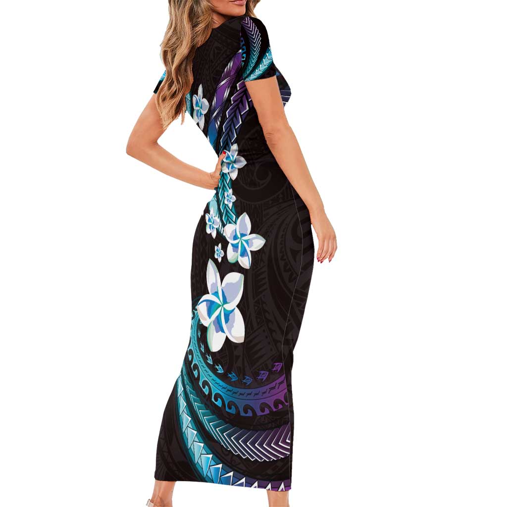 Hawaii Plumeria Family Matching Short Sleeve Bodycon Dress and Hawaiian Shirt Amethyst Gradient Polynesian Pattern