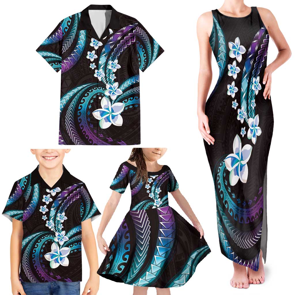 Hawaii Plumeria Family Matching Tank Maxi Dress and Hawaiian Shirt Amethyst Gradient Polynesian Pattern