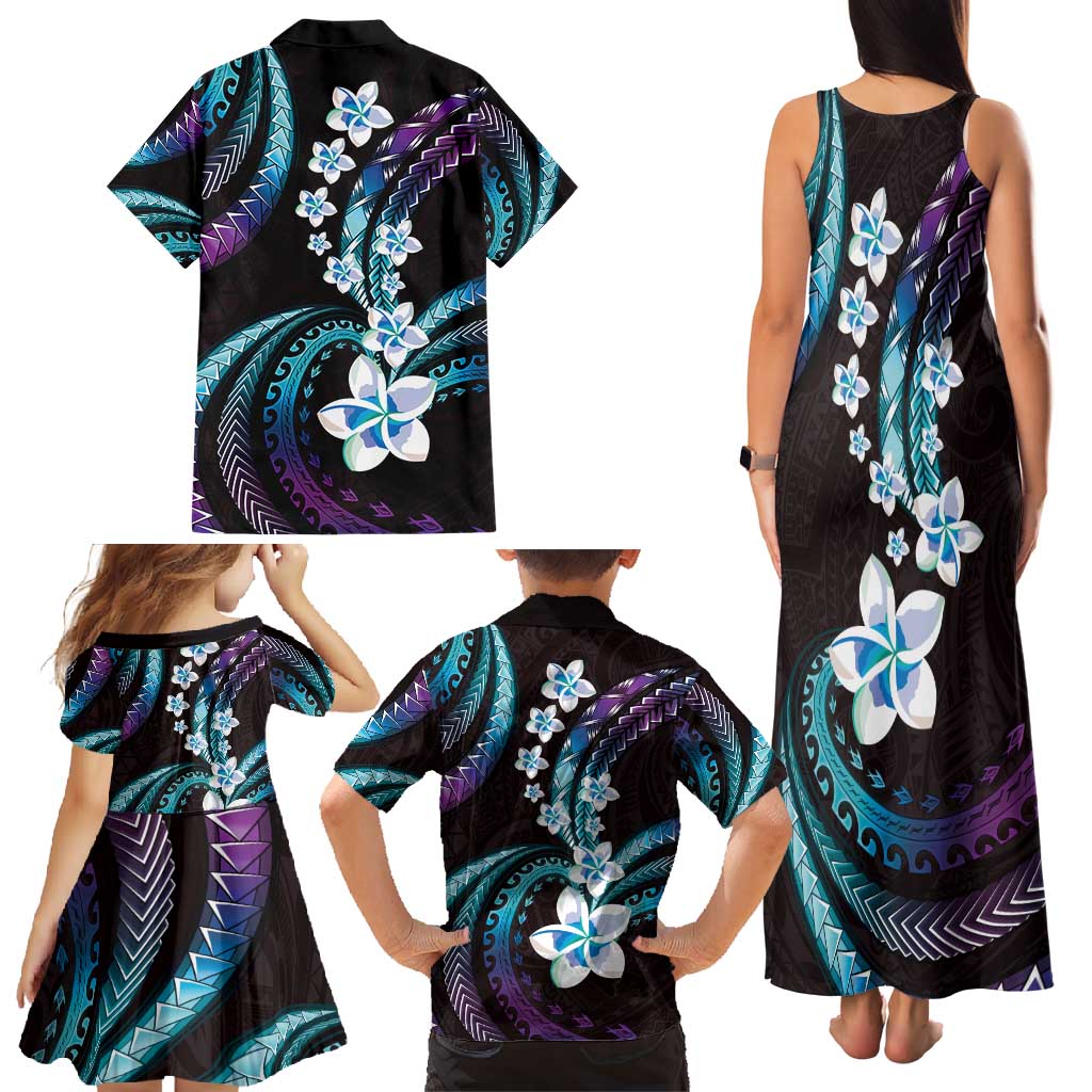 Hawaii Plumeria Family Matching Tank Maxi Dress and Hawaiian Shirt Amethyst Gradient Polynesian Pattern