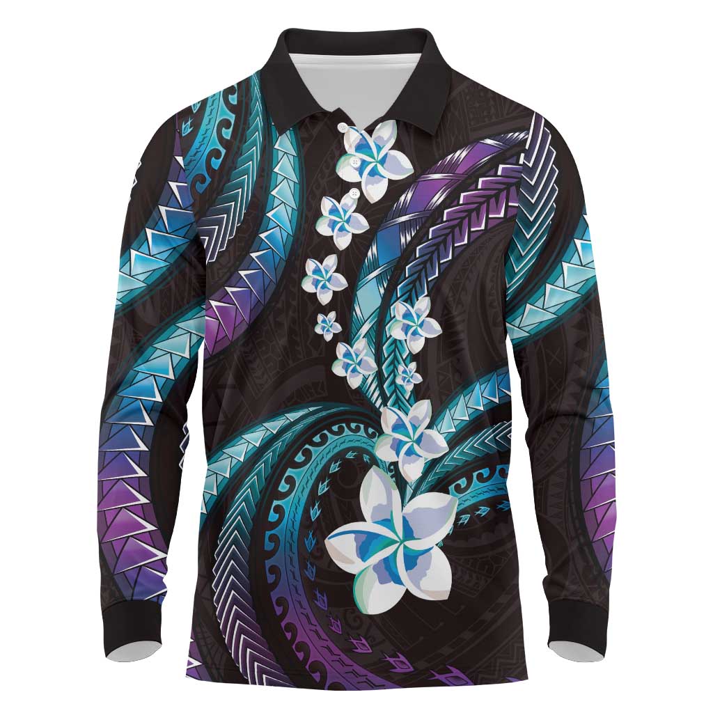 Hawaii Plumeria Long Sleeve Polo Shirt Amethyst Gradient Polynesian Pattern LT01 Purple - Polynesian Pride