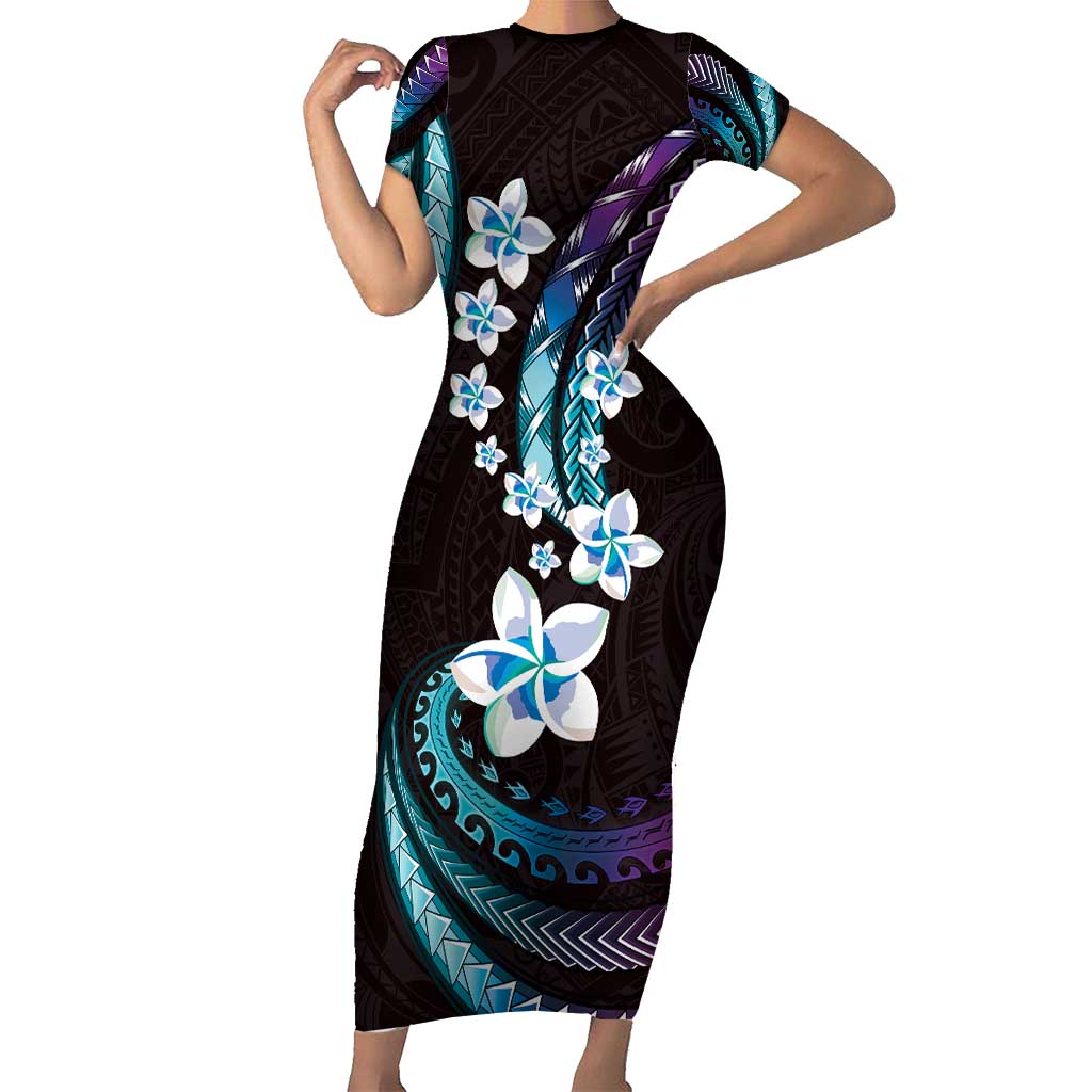 Hawaii Plumeria Short Sleeve Bodycon Dress Amethyst Gradient Polynesian Pattern LT01 Long Dress Purple - Polynesian Pride