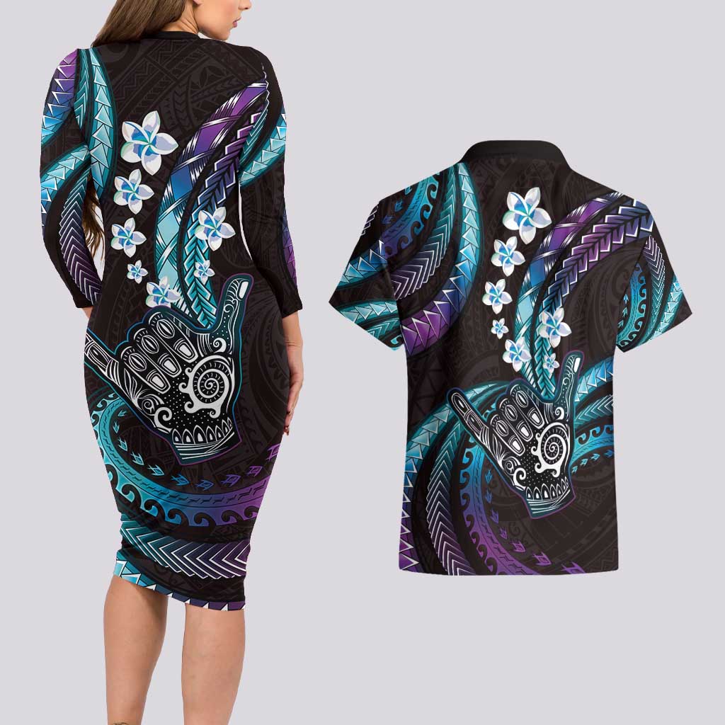 Hawaii Shaka Sign Couples Matching Long Sleeve Bodycon Dress and Hawaiian Shirt Fantastic Frangipani Amethyst Gradient LT01 - Polynesian Pride