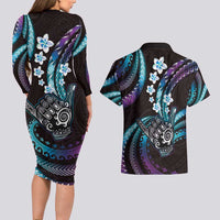 Hawaii Shaka Sign Couples Matching Long Sleeve Bodycon Dress and Hawaiian Shirt Fantastic Frangipani Amethyst Gradient LT01 - Polynesian Pride