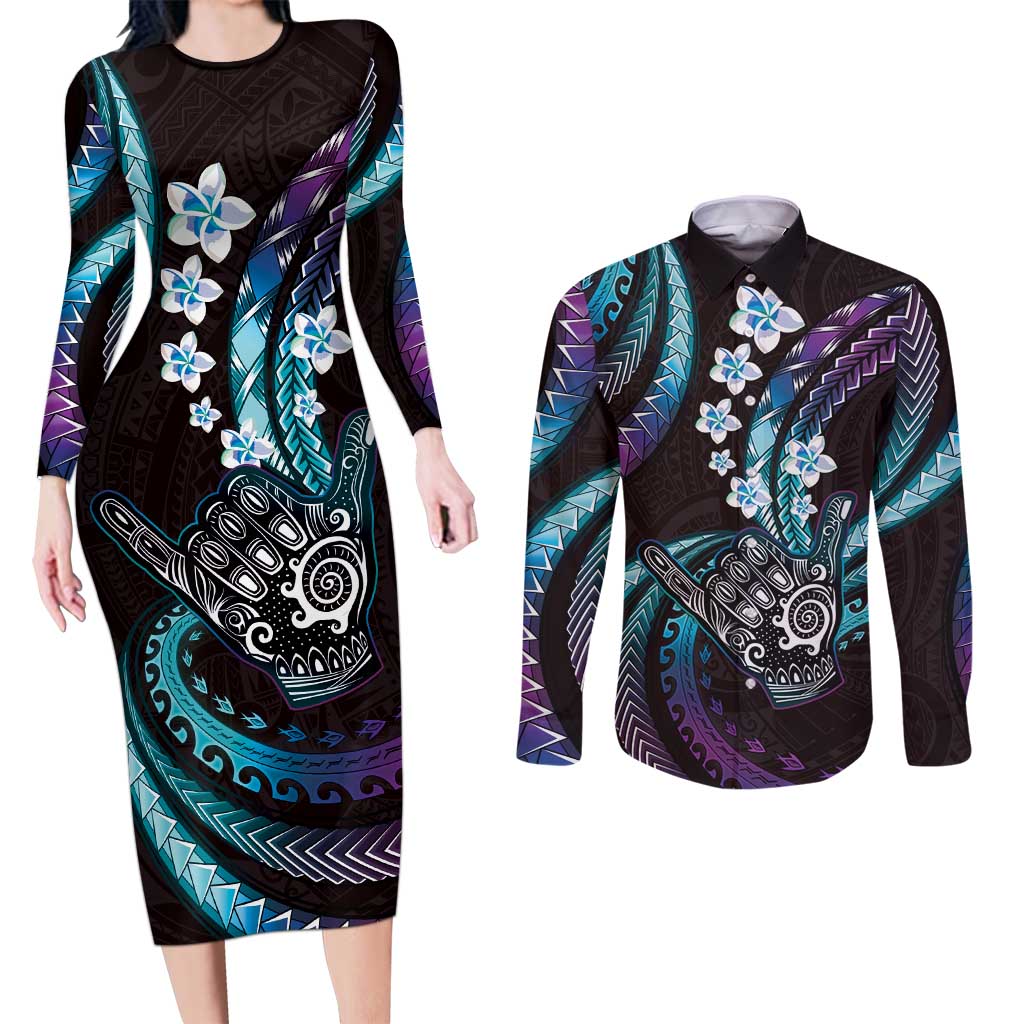 Hawaii Shaka Sign Couples Matching Long Sleeve Bodycon Dress and Long Sleeve Button Shirt Fantastic Frangipani Amethyst Gradient LT01 Purple - Polynesian Pride