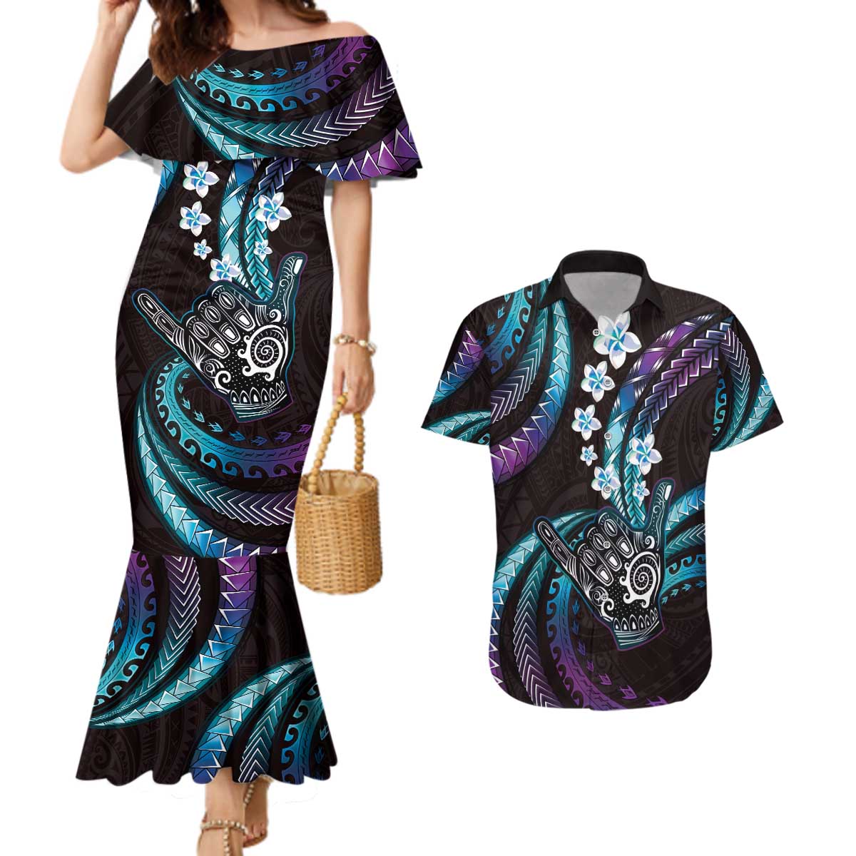 Hawaii Shaka Sign Couples Matching Mermaid Dress and Hawaiian Shirt Fantastic Frangipani Amethyst Gradient LT01 Purple - Polynesian Pride