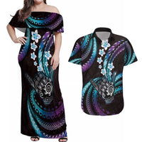 Hawaii Shaka Sign Couples Matching Off Shoulder Maxi Dress and Hawaiian Shirt Fantastic Frangipani Amethyst Gradient LT01 Purple - Polynesian Pride