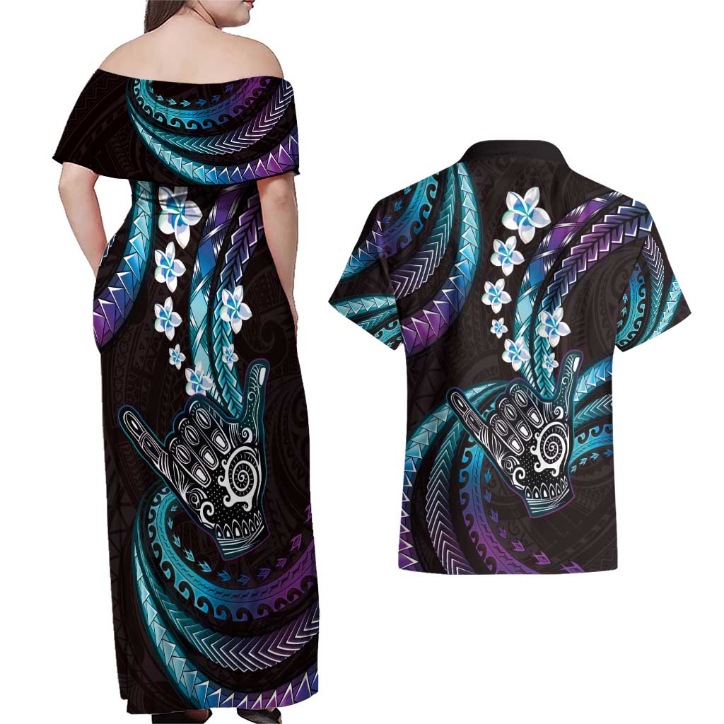 Hawaii Shaka Sign Couples Matching Off Shoulder Maxi Dress and Hawaiian Shirt Fantastic Frangipani Amethyst Gradient LT01 - Polynesian Pride