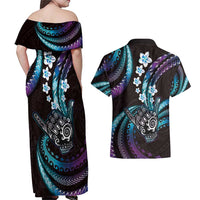 Hawaii Shaka Sign Couples Matching Off Shoulder Maxi Dress and Hawaiian Shirt Fantastic Frangipani Amethyst Gradient LT01 - Polynesian Pride