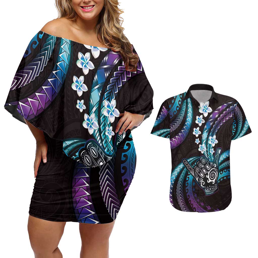 Hawaii Shaka Sign Couples Matching Off Shoulder Short Dress and Hawaiian Shirt Fantastic Frangipani Amethyst Gradient LT01 Purple - Polynesian Pride
