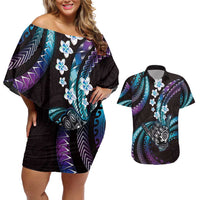 Hawaii Shaka Sign Couples Matching Off Shoulder Short Dress and Hawaiian Shirt Fantastic Frangipani Amethyst Gradient LT01 Purple - Polynesian Pride