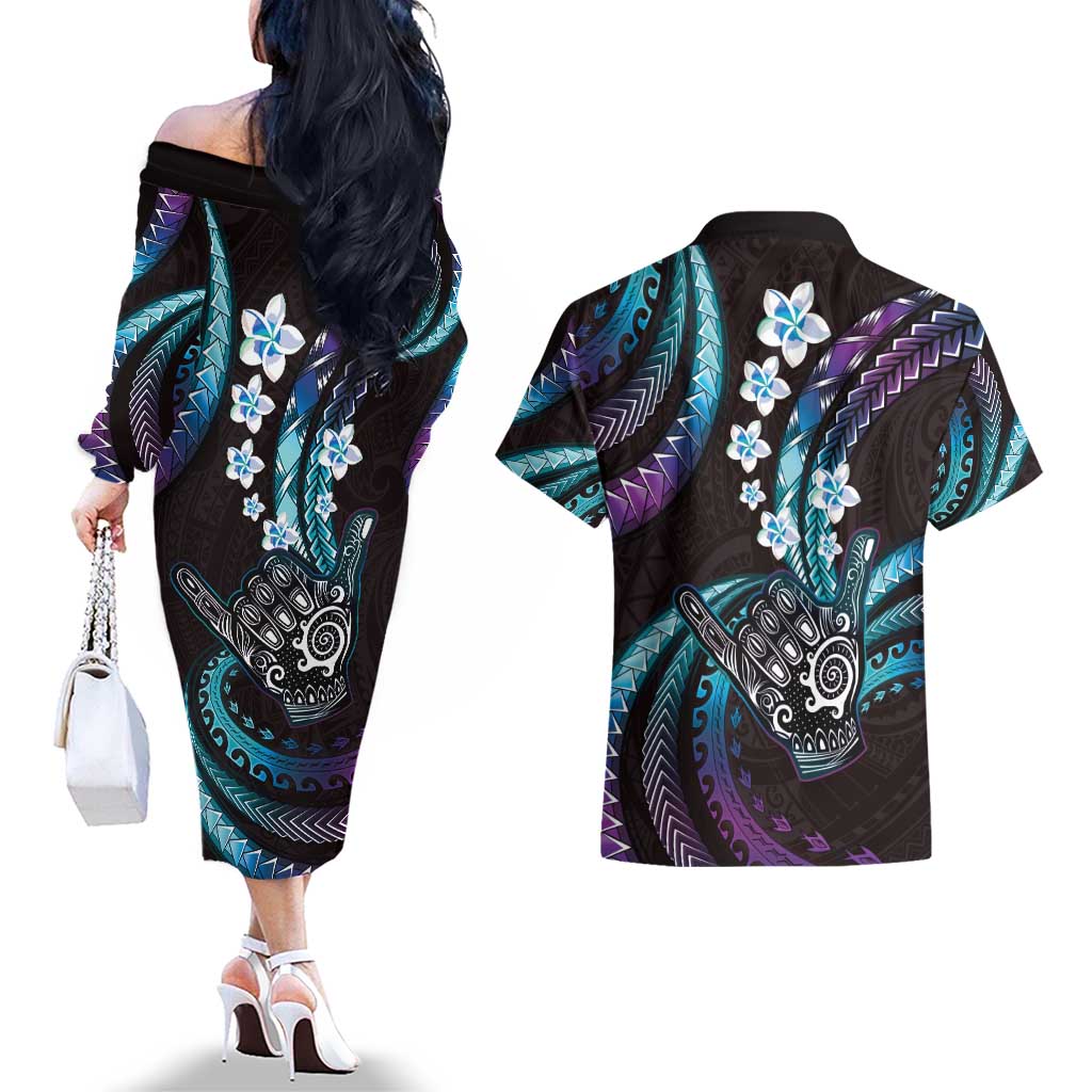 Hawaii Shaka Sign Couples Matching Off The Shoulder Long Sleeve Dress and Hawaiian Shirt Fantastic Frangipani Amethyst Gradient LT01 - Polynesian Pride