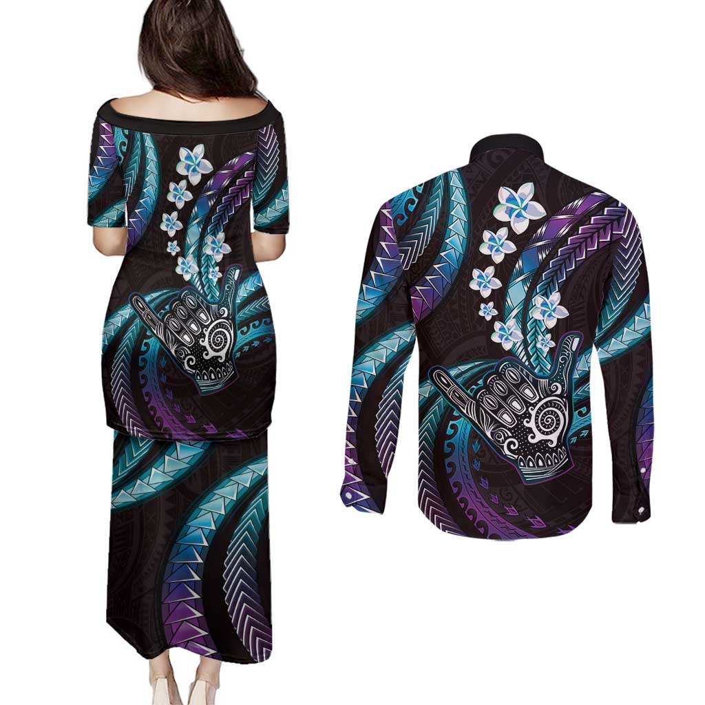 Hawaii Shaka Sign Couples Matching Puletasi and Long Sleeve Button Shirt Fantastic Frangipani Amethyst Gradient