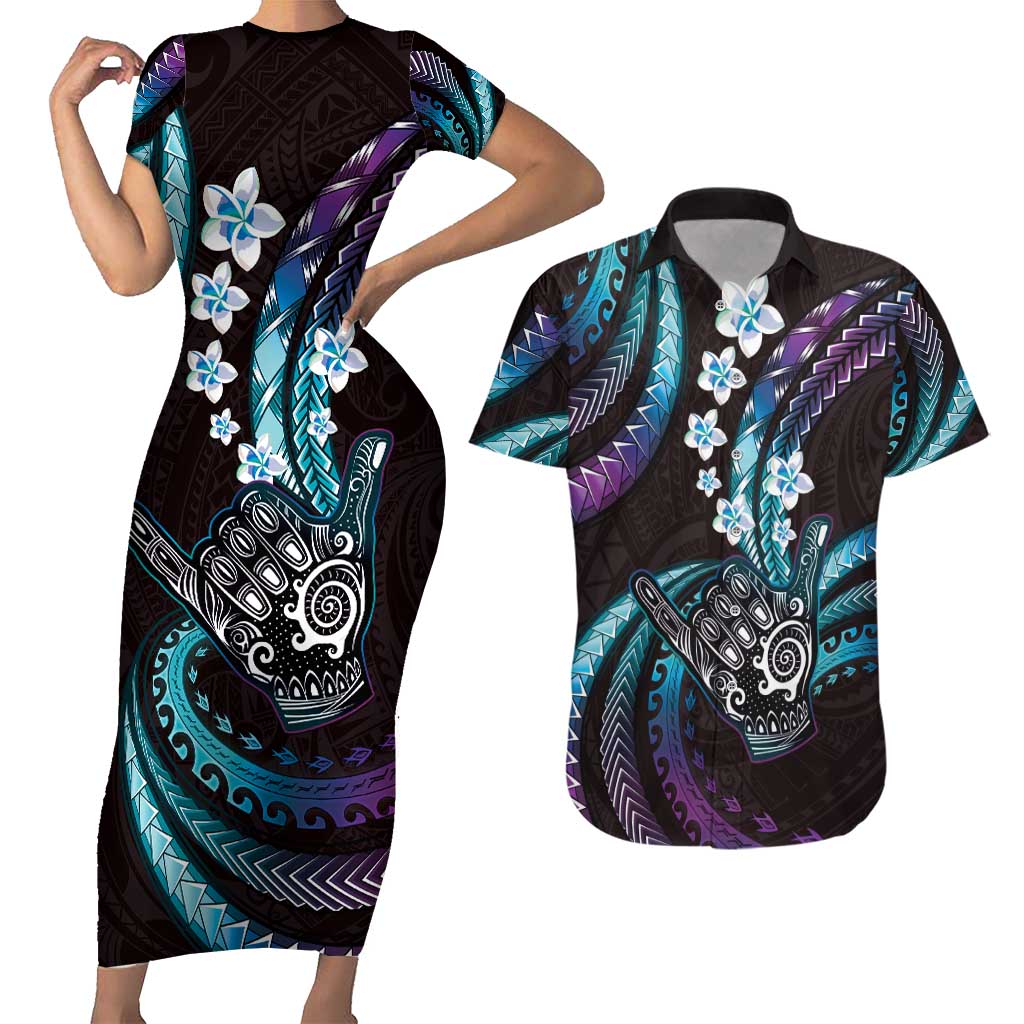 Hawaii Shaka Sign Couples Matching Short Sleeve Bodycon Dress and Hawaiian Shirt Fantastic Frangipani Amethyst Gradient LT01 Purple - Polynesian Pride