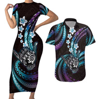 Hawaii Shaka Sign Couples Matching Short Sleeve Bodycon Dress and Hawaiian Shirt Fantastic Frangipani Amethyst Gradient LT01 Purple - Polynesian Pride