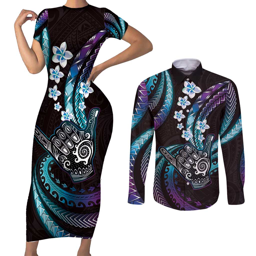 Hawaii Shaka Sign Couples Matching Short Sleeve Bodycon Dress and Long Sleeve Button Shirt Fantastic Frangipani Amethyst Gradient LT01 Purple - Polynesian Pride