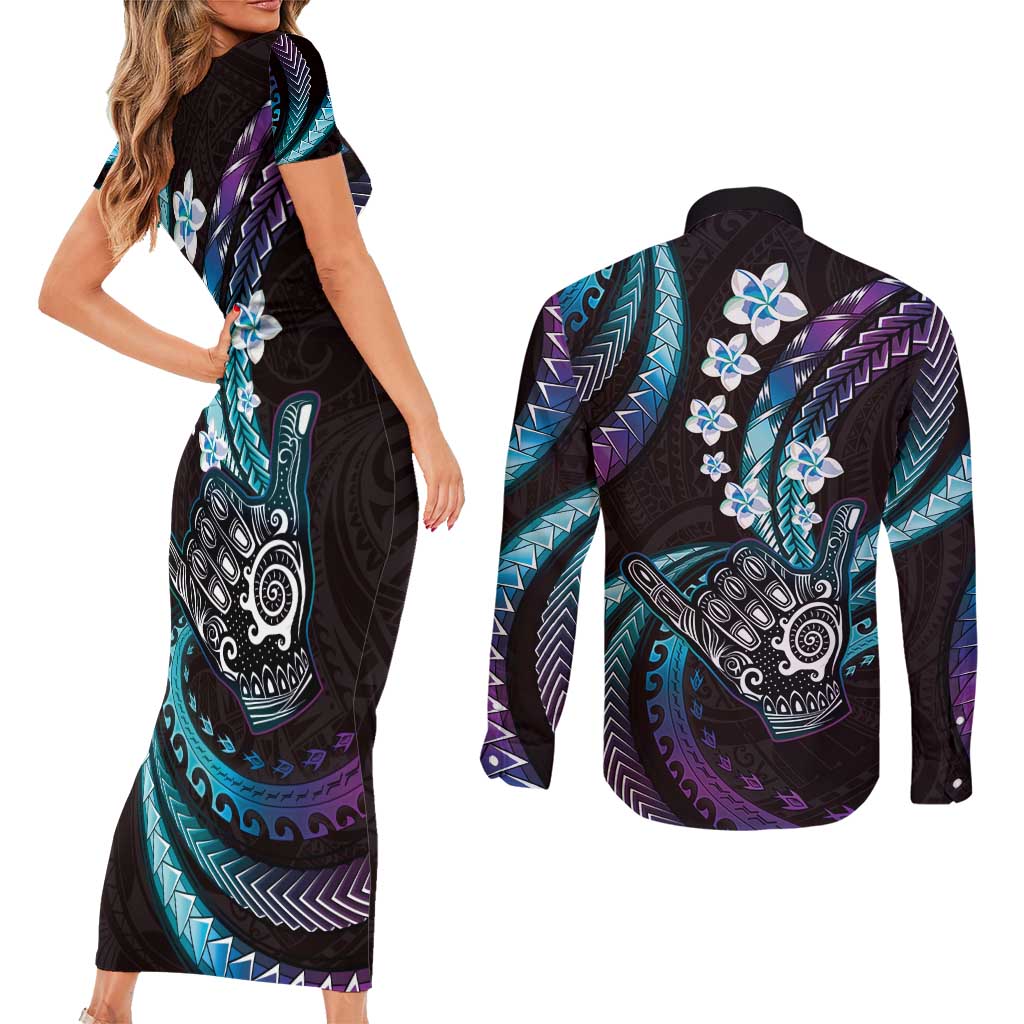 Hawaii Shaka Sign Couples Matching Short Sleeve Bodycon Dress and Long Sleeve Button Shirt Fantastic Frangipani Amethyst Gradient LT01 - Polynesian Pride