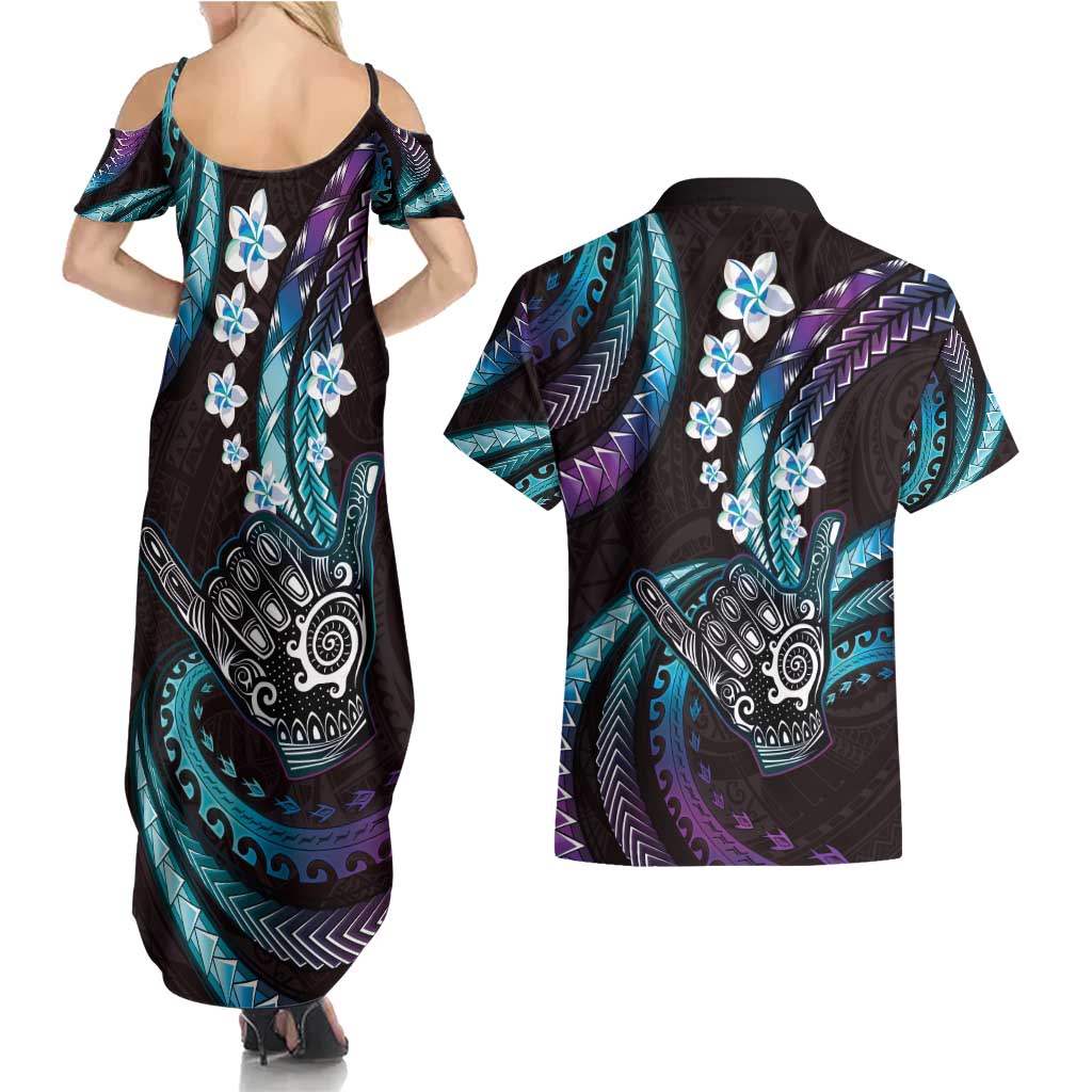 Hawaii Shaka Sign Couples Matching Summer Maxi Dress and Hawaiian Shirt Fantastic Frangipani Amethyst Gradient LT01 - Polynesian Pride