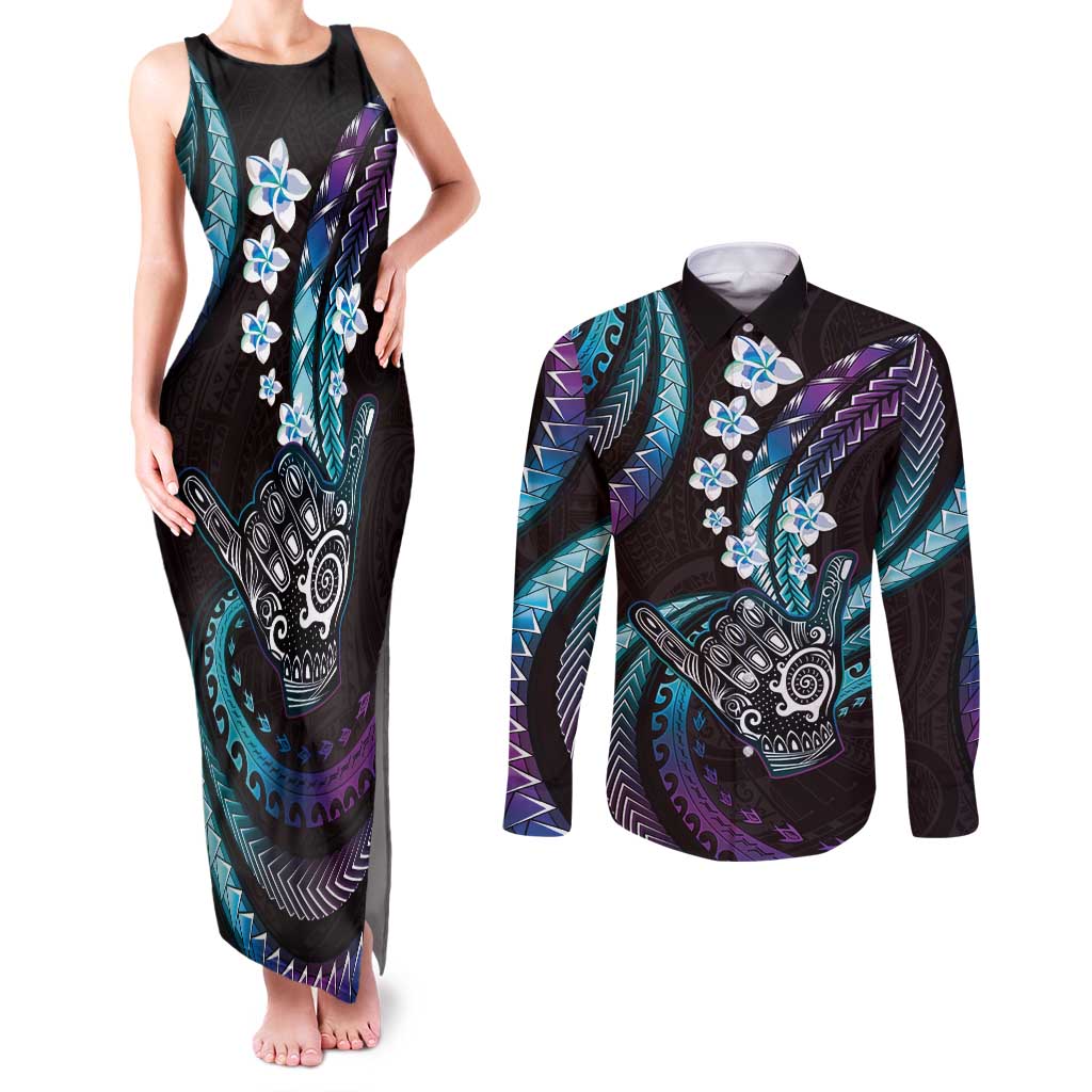 Hawaii Shaka Sign Couples Matching Tank Maxi Dress and Long Sleeve Button Shirt Fantastic Frangipani Amethyst Gradient