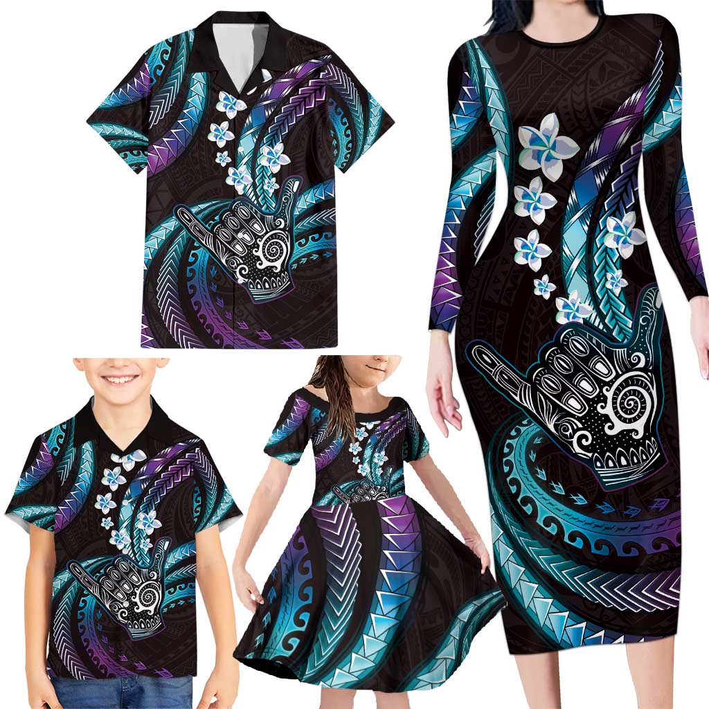 Hawaii Shaka Sign Family Matching Long Sleeve Bodycon Dress and Hawaiian Shirt Fantastic Frangipani Amethyst Gradient