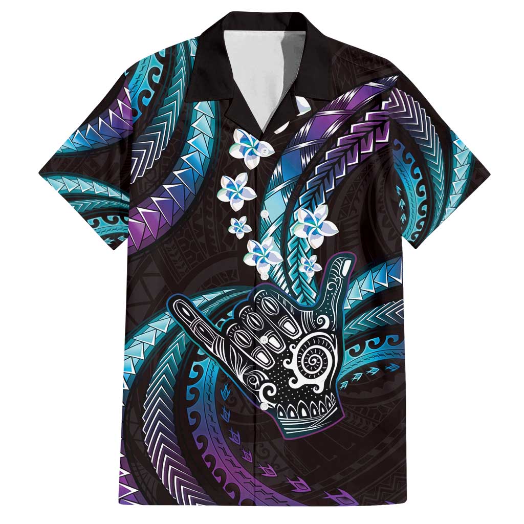 Hawaii Shaka Sign Family Matching Long Sleeve Bodycon Dress and Hawaiian Shirt Fantastic Frangipani Amethyst Gradient