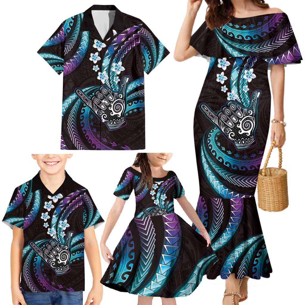 Hawaii Shaka Sign Family Matching Mermaid Dress and Hawaiian Shirt Fantastic Frangipani Amethyst Gradient LT01 - Polynesian Pride