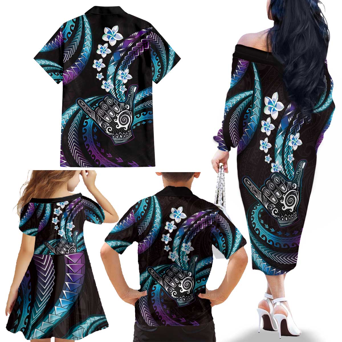 Hawaii Shaka Sign Family Matching Off The Shoulder Long Sleeve Dress and Hawaiian Shirt Fantastic Frangipani Amethyst Gradient