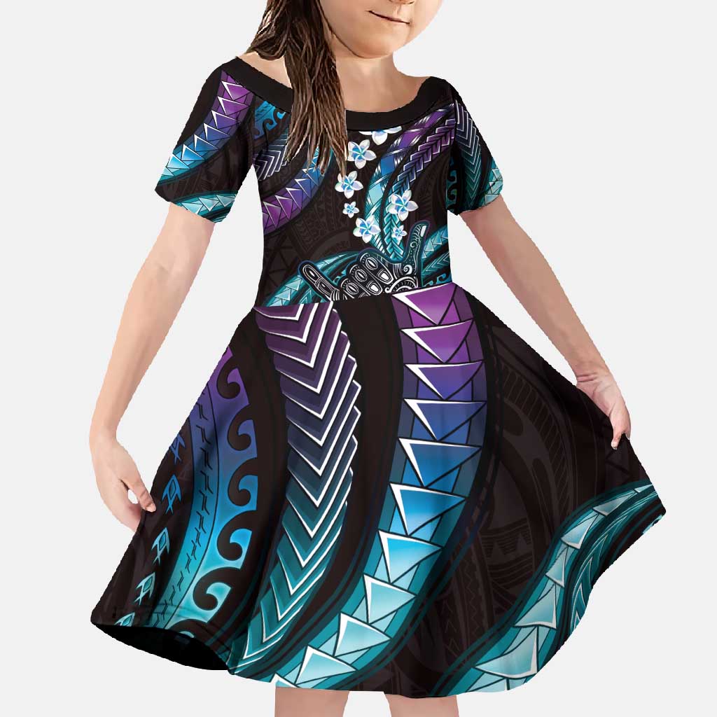 Hawaii Shaka Sign Family Matching Off Shoulder Maxi Dress and Hawaiian Shirt Fantastic Frangipani Amethyst Gradient LT01 Daughter's Dress Purple - Polynesian Pride