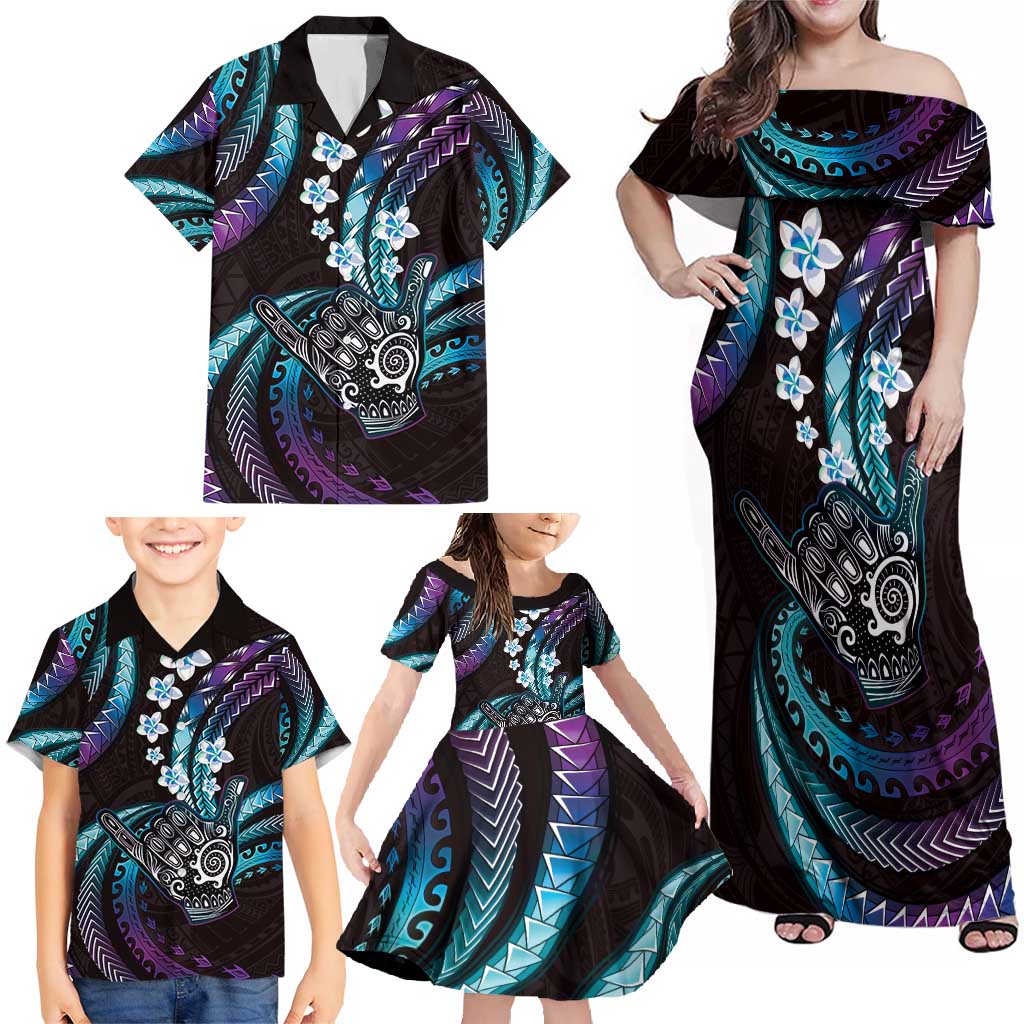 Hawaii Shaka Sign Family Matching Off Shoulder Maxi Dress and Hawaiian Shirt Fantastic Frangipani Amethyst Gradient LT01 - Polynesian Pride