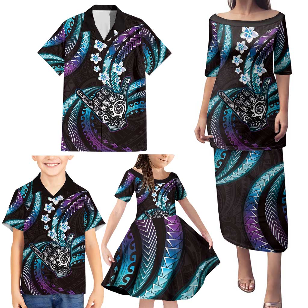 Hawaii Shaka Sign Family Matching Puletasi and Hawaiian Shirt Fantastic Frangipani Amethyst Gradient LT01 - Polynesian Pride