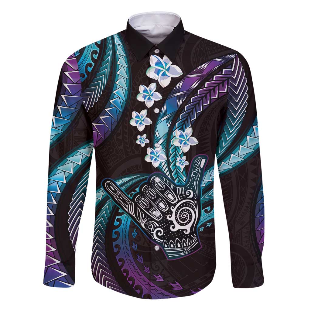 Hawaii Shaka Sign Family Matching Puletasi and Hawaiian Shirt Fantastic Frangipani Amethyst Gradient LT01 Dad's Shirt - Long Sleeve Purple - Polynesian Pride