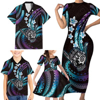Hawaii Shaka Sign Family Matching Short Sleeve Bodycon Dress and Hawaiian Shirt Fantastic Frangipani Amethyst Gradient