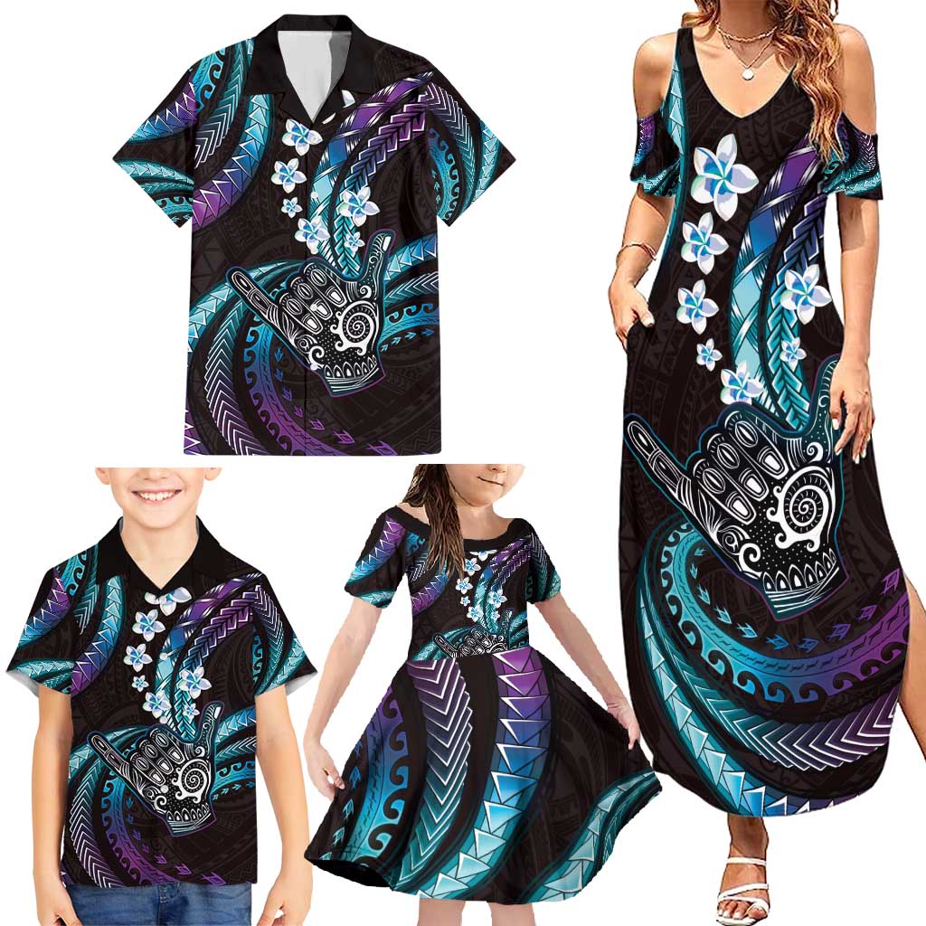 Hawaii Shaka Sign Family Matching Summer Maxi Dress and Hawaiian Shirt Fantastic Frangipani Amethyst Gradient