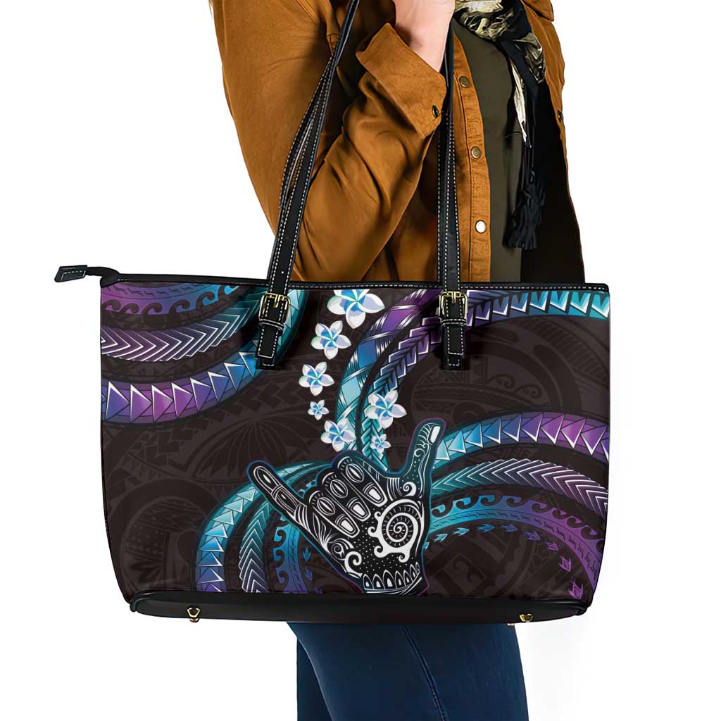 Hawaii Shaka Sign Leather Tote Bag Fantastic Frangipani Amethyst Gradient