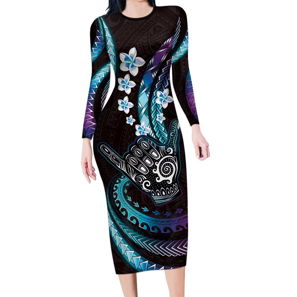 Hawaii Shaka Sign Long Sleeve Bodycon Dress Fantastic Frangipani Amethyst Gradient