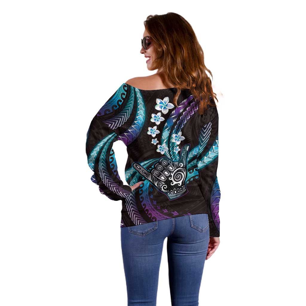 Hawaii Shaka Sign Off Shoulder Sweater Fantastic Frangipani Amethyst Gradient