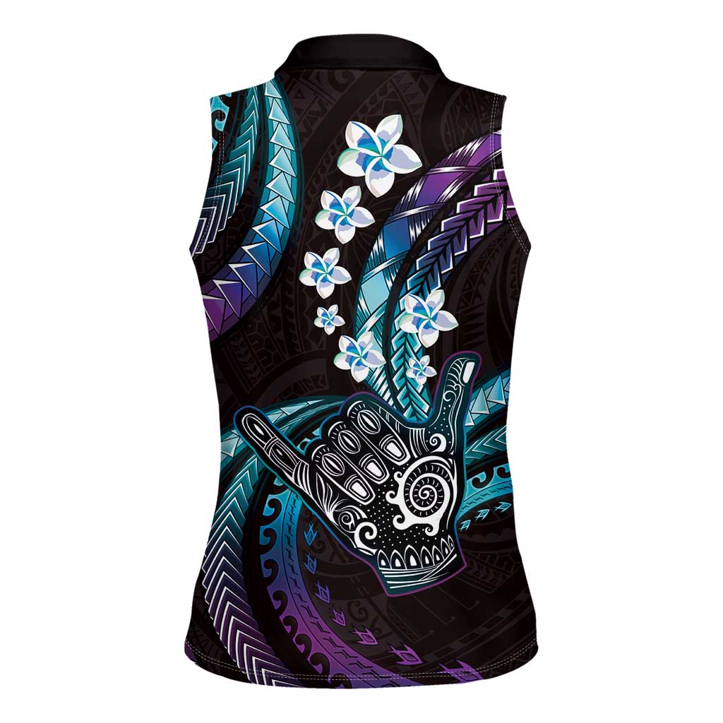 Hawaii Shaka Sign Women Sleeveless Polo Shirt Fantastic Frangipani Amethyst Gradient