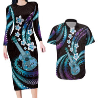 Hawaiian Ukulele Couples Matching Long Sleeve Bodycon Dress and Hawaiian Shirt Amethyst Gradient Fantastic Plumeria LT01 Purple - Polynesian Pride