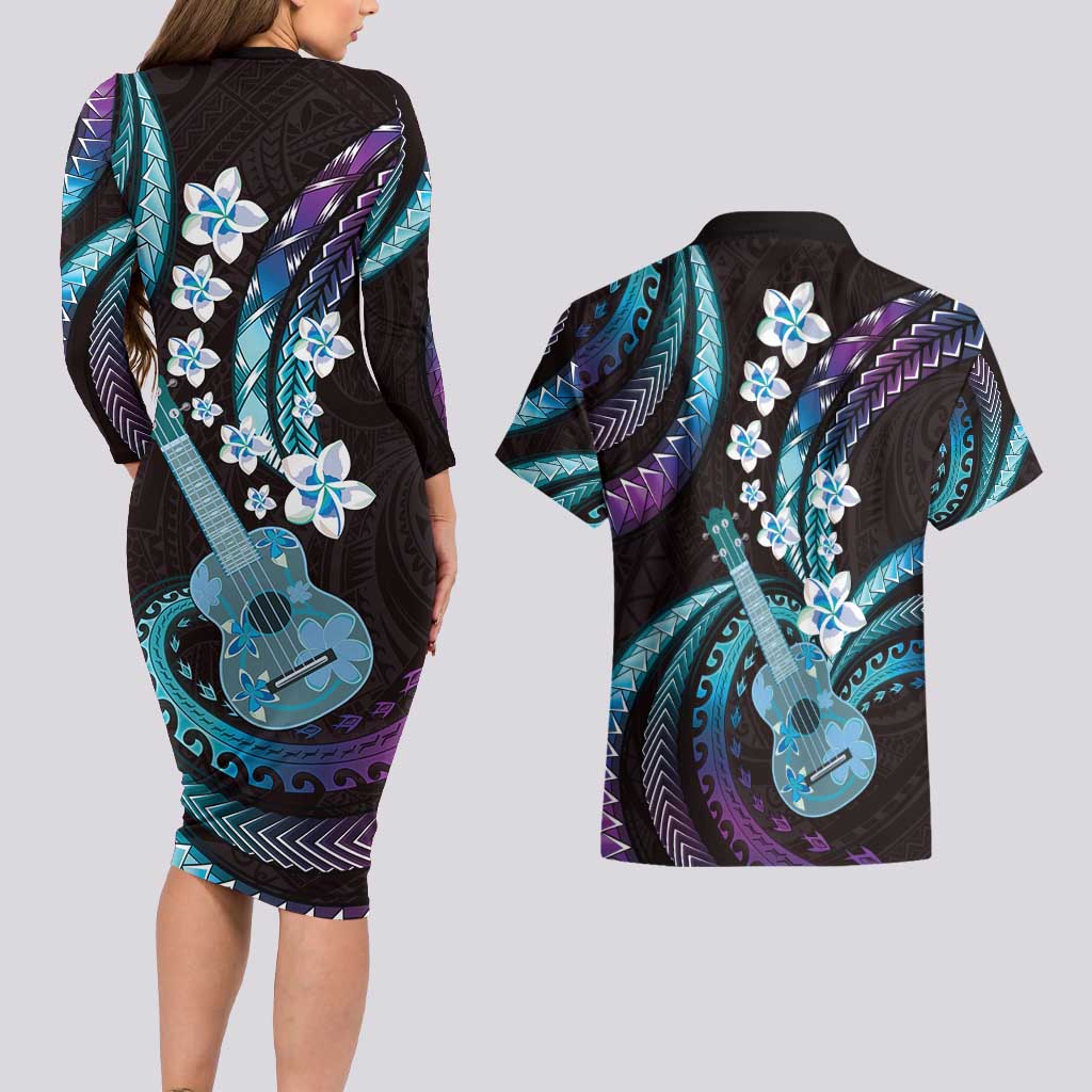 Hawaiian Ukulele Couples Matching Long Sleeve Bodycon Dress and Hawaiian Shirt Amethyst Gradient Fantastic Plumeria LT01 - Polynesian Pride
