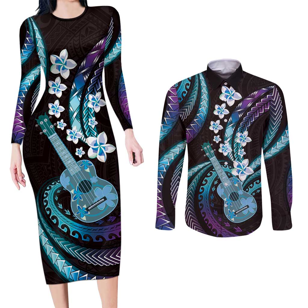 Hawaiian Ukulele Couples Matching Long Sleeve Bodycon Dress and Long Sleeve Button Shirt Amethyst Gradient Fantastic Plumeria LT01 Purple - Polynesian Pride